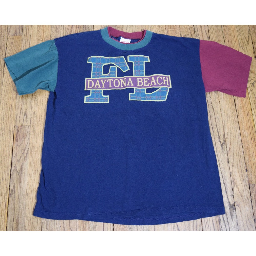 Vintage 90s Single Stitch Daytona Beach T-Shirt Size Large XL Colorblock